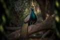 Peacock sitting in the forest at Los Angeles, California, AI generated