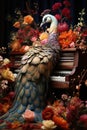 A peacock is sitting on a piano surrounded by flowers, AI