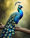 A peacock sitting on top of a tree branch. Beautiful picture of cute peacock.