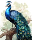a peacock is sitting on a tree branch with its feathers spread out. generative ai Royalty Free Stock Photo