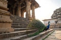 Peacock spreading feathers on temple steps with natural light Royalty Free Stock Photo