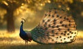 A peacock is standing in a field of grass Royalty Free Stock Photo