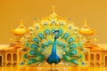 A peacock stands in front of a gold building with a blue roof with Generative AI Royalty Free Stock Photo