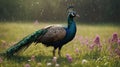 Majestic Peacock in a Rain-Soaked Meadow Royalty Free Stock Photo