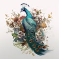 a peacock surrounded by colorful tropical flowers. Wildlife Animals. Illustration, Generative AI Royalty Free Stock Photo