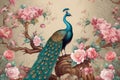 Peacock Tail Feathers and Colorful Flowers on Leather Damask Background - 3D Wallpaper for Home Decor Royalty Free Stock Photo