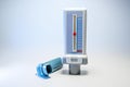 Peak flow meter and a blue inhaler, medical devices for patients with asthma allergy or COPD, light gray background with copy Royalty Free Stock Photo