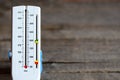 Peak flow meter on wooden background. Hand medical device used to monitor the breath of a person suffering from bronchial asthma