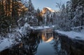 Sunset at Half dome reflected in the merced rivier Royalty Free Stock Photo