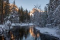 Sunset at Half dome reflected in the merced rivier Royalty Free Stock Photo