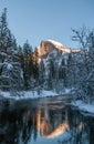 Sunset at Half dome reflected in the merced rivier Royalty Free Stock Photo