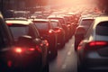 Peak hour. Automobile brake lights. Traffic jam on a highway street in city. Generative AI