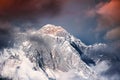 Peak of Mount Everest at sunset in Himalayas, Nepal