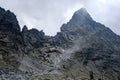 peak of Rysy mountain covered in mist. autumn ascent on hiking t