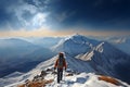 Peak triumph Hiker stands atop a majestic snowy mountain
