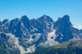 Peaks of pala group mountains pale di san Martino in blue sky