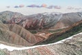 Peaks of red mountains are covered with snow, winter highlands landscape