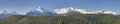 Peaks of the Tantalus Range at the southern end of the Coastal Mountains of British Columbia, Canada against blue sky