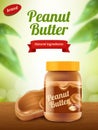 Peanut butter advertising. Creamy healthy sweet chocolate food placard or poster realistic banner template Royalty Free Stock Photo