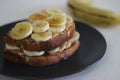 Peanut butter banana honey toast sandwich, an easy breakfast idea Royalty Free Stock Photo