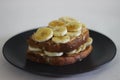 Peanut butter banana honey toast sandwich, an easy breakfast idea Royalty Free Stock Photo