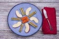 Peanut butter filled celery, carrots and apple slices. Royalty Free Stock Photo