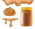 Peanut butter. Healthy breakfast caramel or chocolate butter sweet creamy dessert vector realistic collection