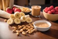 Peanut butter-inspired snack scene. Peanut butter and banana slices, peanut butter-filled celery sticks, set in an active, fitness