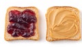 Peanut butter and jelly sandwich on bread or toast isolated on white background. Breakfast or lunch snack. Vegetarian food.