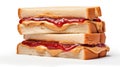 Peanut butter and jelly sandwiches stacked on white background