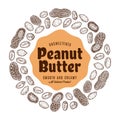 Peanut butter label, peanut seeds and shells icons Royalty Free Stock Photo