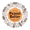 Peanut butter label, peanut seeds and shells icons Royalty Free Stock Photo