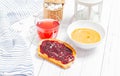 Peanut butter sandwiches. Breakfast, tea and bread with jam Royalty Free Stock Photo