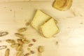 Peanut butter on a slice of bread in wooden background - top vie Royalty Free Stock Photo