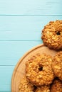 Peanut cookies on blue wooden background. Bakery products. Vertical photo Royalty Free Stock Photo