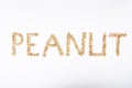 Peanut copy text on isoalted white surface, typing with peanuts