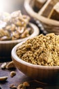 peanut flour, ground and dried peanuts used as a cooking ingredient, macro photography, typical food of the June festivities