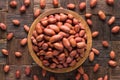 Peanut indian peeled in wooden bowl, top view