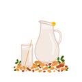 Peanut milk in a glass and jug on a white background. Walnut shell. Vector illustration in freehand drawn style