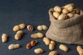 Peanut in nutshell in burlap sack or sackcloth on wooden background. Composition of peanuts Royalty Free Stock Photo