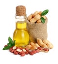 Peanut oil in a glass bottle with peanuts in bag Royalty Free Stock Photo