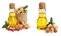 peanut oil in a glass bottle with peanuts in bag Royalty Free Stock Photo