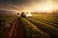 Peanut tractor spraying soybean field at sunset, Generative AI Royalty Free Stock Photo