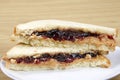 Peanutbutter and Jelly Sandwich cut in half served on plate