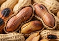 Peanuts (Arachis hypogaea) with shells in a close-up view. Two Royalty Free Stock Photo