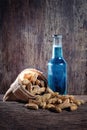 Peanuts and beer on wood background Royalty Free Stock Photo