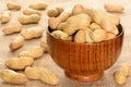 Peanuts. Dry nuts in bamboo bowl with some peants on the brown wooden table. Royalty Free Stock Photo