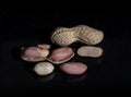 Peanuts . Close up of closed and peeled peanuts. Composition from nuts on the black  isolated background Royalty Free Stock Photo