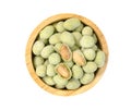 Peanuts nori wasabi flavour coated in wooden bowl isolated on white background ,include clipping path Royalty Free Stock Photo