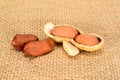 Peanuts. Real whole nuts with kernels in shell on jute burlap background. Peanut macro close up. Full depth of field. Royalty Free Stock Photo